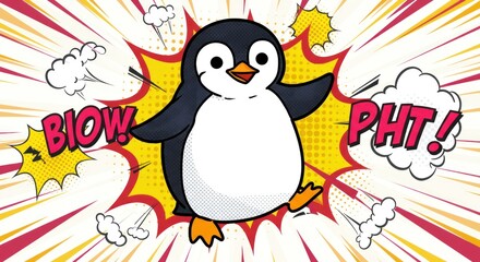 Fototapeta premium A cartoon penguin character stands amidst comic book-style explosion effects.