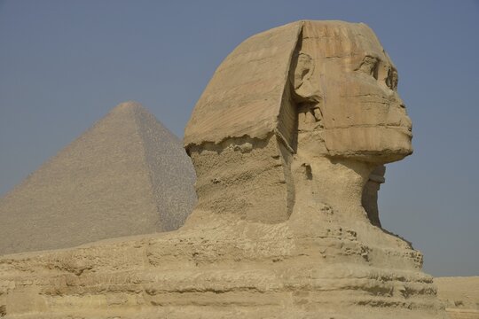 Sphinx or Great Sphinx of Giza, lion with a human head, built in the 4th Egyptian dynasty around 2700 BC, in front of the Pyramid of Cheops, Giza, Egypt