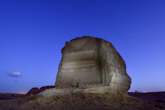 Qasr Al-Farid, 2000 year old Nabataean tomb, blue hour, Hegra or Mada'in Salih, AlUla region, Medina province, Saudi Arabia, Arabian Peninsula