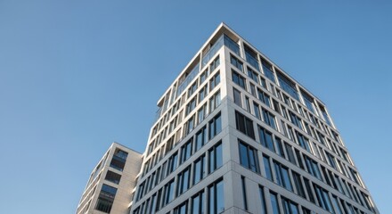 Obraz premium Modern Glass Office Building Against Clear Blue Sky
