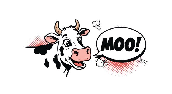A cartoon cow speaks loudly with a speech bubble saying Moo.
