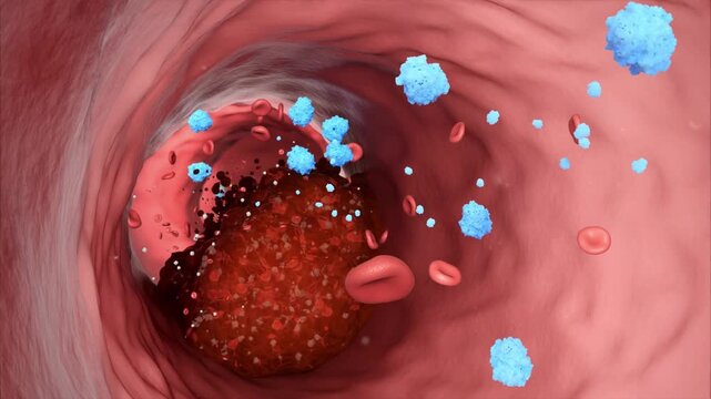 Drug molecules flow through blood vessels, dissolving clots and clearing vascular waste. They restore health and elasticity, treating cardiovascular and cerebrovascular diseases. 3D animation.