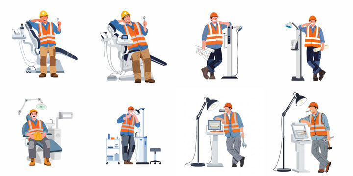 Vector illustration set featuring construction workers in safety gear interacting with professional dental clinic equipment and tools, representing worker health and dental care.