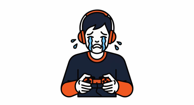 Frustrated gamer crying while playing video games intensely.