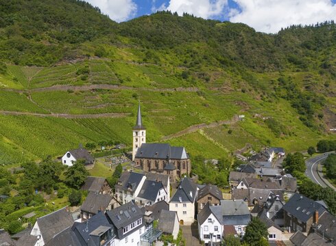 A small village with a church surrounded by vineyards and green hills under a blue sky with clouds, aerial view, Bremm, vineyards of the Calmont, one of the steepest vineyard sites in Europe, Cochem-Zell, Rhineland-Palatinate, Germany