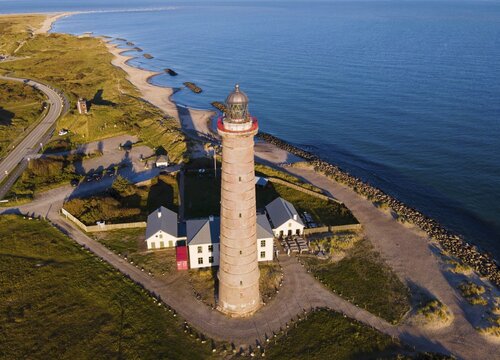 Aerial view, lighthouse in the evening light, Grenen, Skagens Gren, Skagen, North Jutland, Jutland, Denmark