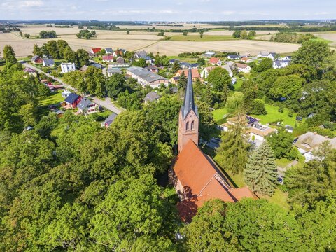 Aerial view, drone photo of Krummin village church and village, Krumminer Wiek on the Peenestrom, Usedom Island, Mecklenburg-Western Pomerania, Germany