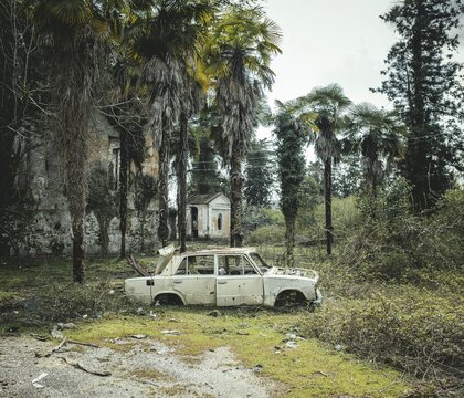 Wrecked car in the forest, Okumi, Gali district heavily destroyed in the war, Abkhazia, Georgia