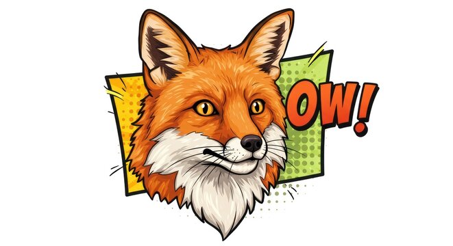 A cartoon fox head with a speech bubble expressing surprise in a comic book style illustration