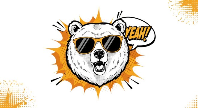 A polar bear wearing sunglasses exclaims excitedly in a graphic illustration.