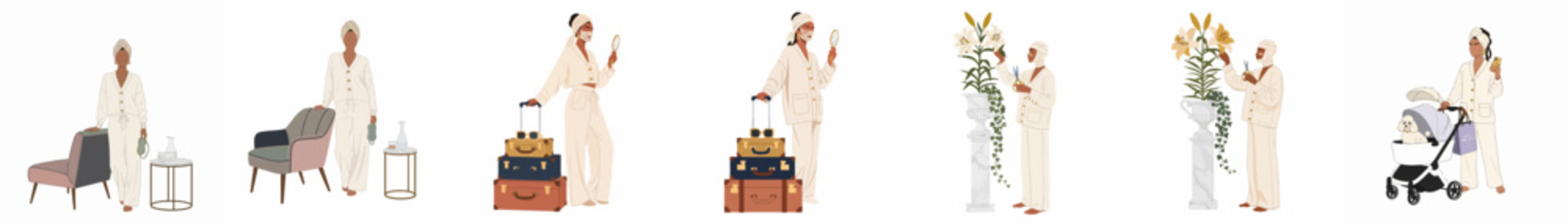 A series of minimalist flat illustrations depicting a woman in loungewear engaged in various leisure and lifestyle activities at home and traveling.