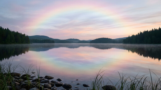 Serene lake at dawn with rainbow and misty forest reflection