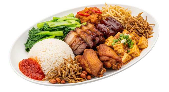 A large, oval plate presents a generous serving of Hainanese chicken rice. The centerpiece is a mound of fluffy white rice, accompanied by a rich, dark-colored chicken sauce.