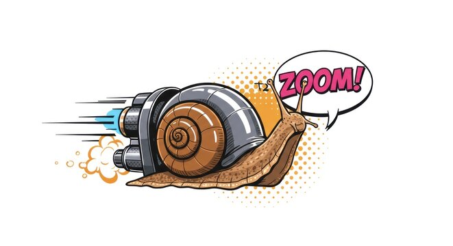 A cartoon snail zooms rapidly with motion blur and speed lines.