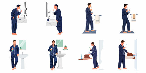 Obraz premium Collection of illustrations showing a man in blue pajamas using an oral irrigator for his daily dental hygiene routine in various bathroom settings.