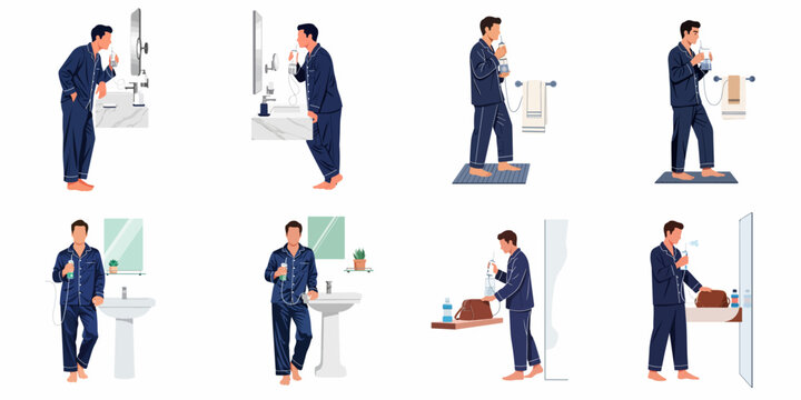 Collection of illustrations showing a man in blue pajamas using an oral irrigator for his daily dental hygiene routine in various bathroom settings.