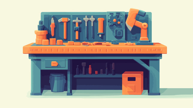 Colorful cartoon workshop with tools, robot arm, precise layout