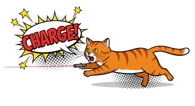 An angry orange tabby cat charges forward with a laser pointer.