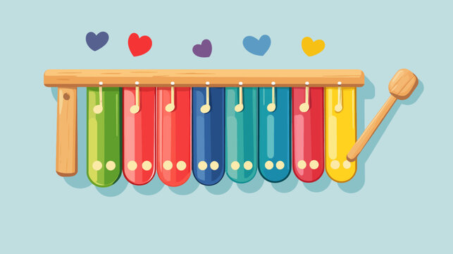Colorful xylophone with hearts overhead, musical notes hanging