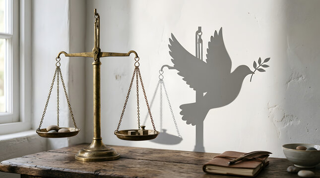 Balance scales casting shadow of peace dove with olive branch