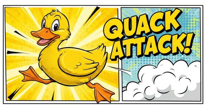 A cartoon duck emerges from a bright yellow explosion for a quack attack!