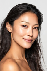Fototapeta premium Cute asian young woman with expressive eyes and smooth black hairstyle smiles gently in studio lighting, creating fresh beauty portrait with clean minimalist background.