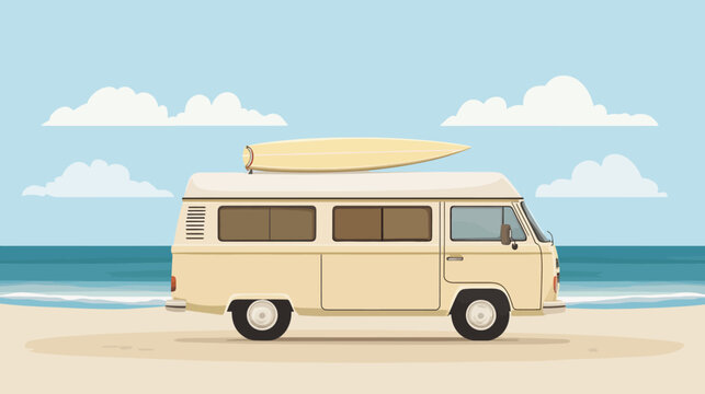 Vintage beige camper van on sandy beach with surfboard, ocean