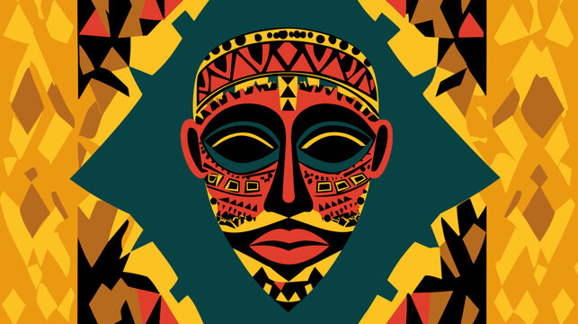 Abstract tribal mask with vibrant colors, geometric patterns