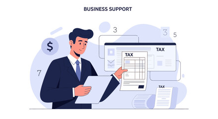 Fototapeta premium Businessman reviewing tax documents, financial planning and business support illustration
