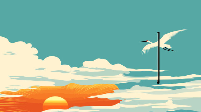 Digital illustration of a sunset sky with clouds, a flying white bird, and a vertical line