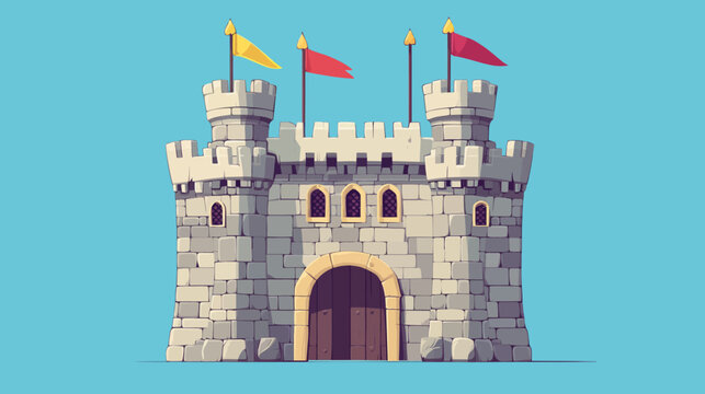 Cartoon-style stone castle with battlements, flags, and wooden door