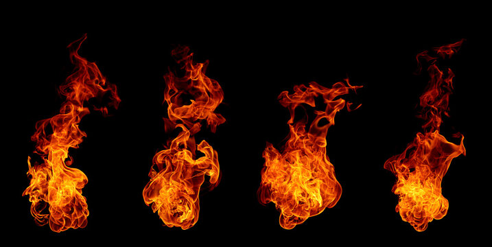 Realistic fire flames isolated on black background with detailed burning texture, blazing orange and red heat effect, perfect for overlays, dramatic design, energy concepts, cinematic visuals.