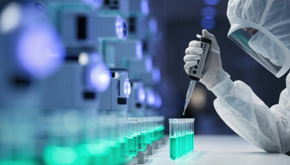 Fototapeta premium Laboratory scientist pipetting green solution into test tube in sterile lab environment with protective suit