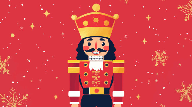 Festive nutcracker with a red background, snowflakes, and gold accents
