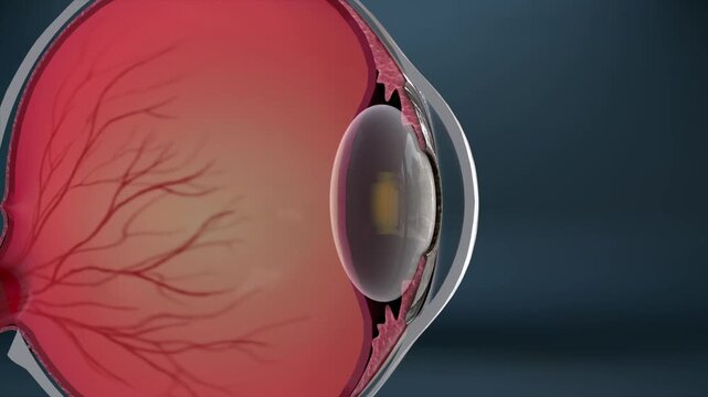 Age-related cataract causes the eye&rsquo;s crystalline lens to become progressively cloudy and opaque. 3D animation of lens opacification in the elderly.