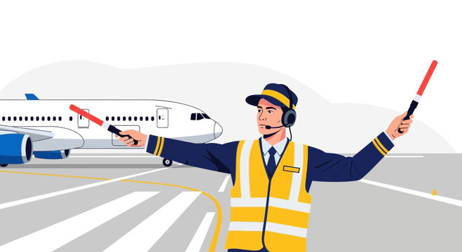 Airport marshaller guiding airplane with signal wands, aviation safety illustration