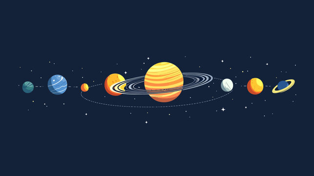 Artistic digital illustration of the solar system with planets orbiting a dark space background