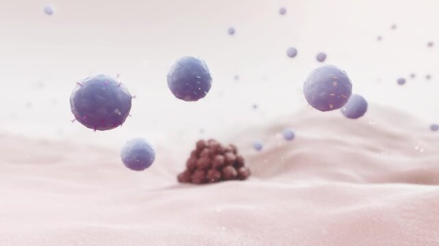 Engineered effector T cells bind to tumor cell receptors, destroying cancer. PD-1 immunotherapy enhances this killing. CAR-T therapy 3D animation of immunotherapy.