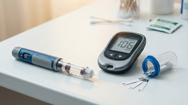 A digital blood glucose meter displays a reading of 106 mg/dL. A syringe with a needle is positioned next to the meter, along with lancets and a sterile gauze pad.