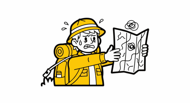 Confused hiker struggling with complicated trail map outdoors.