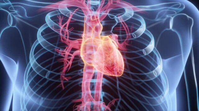 Semi-transparent human skeleton and body with a beating heart and glowing coronary arteries. Medical visualization of cardiac anatomy in holographic 3D animation.