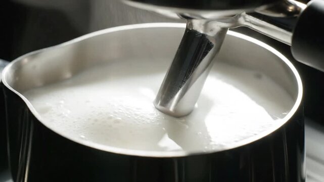Close-up of frothing milk in a metal jug with a steam wand from an espresso machine creating a creamy texture for a beverage