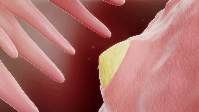 Ovulation: an egg is released from the ovary and caught by the fallopian tube. 3D animation of female reproductive process for medical education.
