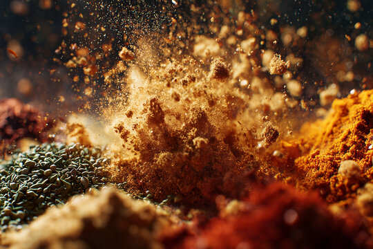 Explosive colorful spice mix bursting in dramatic light &mdash; turmeric paprika chili cumin powder explosion