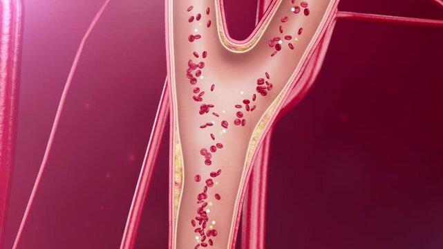 Carotid atherosclerosis causes vessel stenosis. Plaque rupture leads to thrombus formation, which travels to the brain, resulting in ischemic stroke. 3D animation.