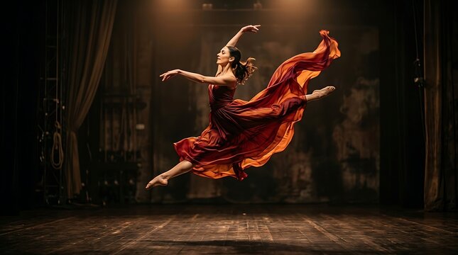 Elegant dancer performing a dramatic leap on a theater stage