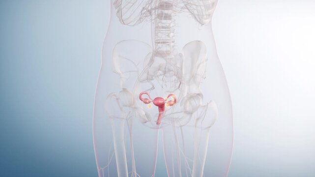 Transparent female body highlighting ectopic pregnancy sites: fallopian tubes, ovaries, fimbriae, and abdominal cavity. 3D animation of tubal and abdominal implantation.