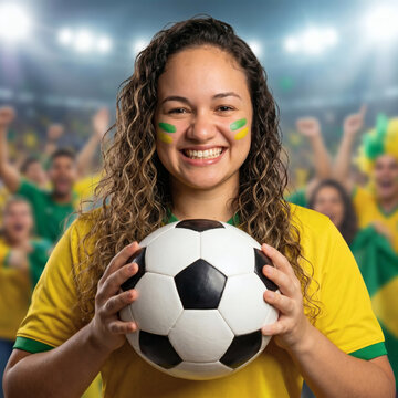 Mulher jovem sorridente segurando uma bola ao fundo bandeiras do Brasil