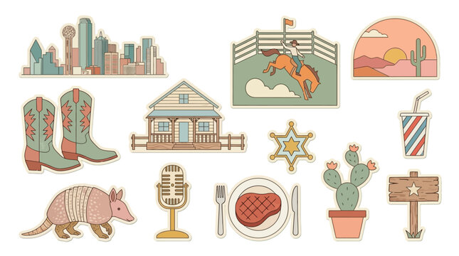 Collection of Texas-themed illustrations including a cityscape, cowboy, armadillo, and iconic symbols.