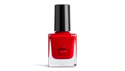 Obraz premium Vivid Red Nail Polish Bottle with Lip Shape Detail on White Background